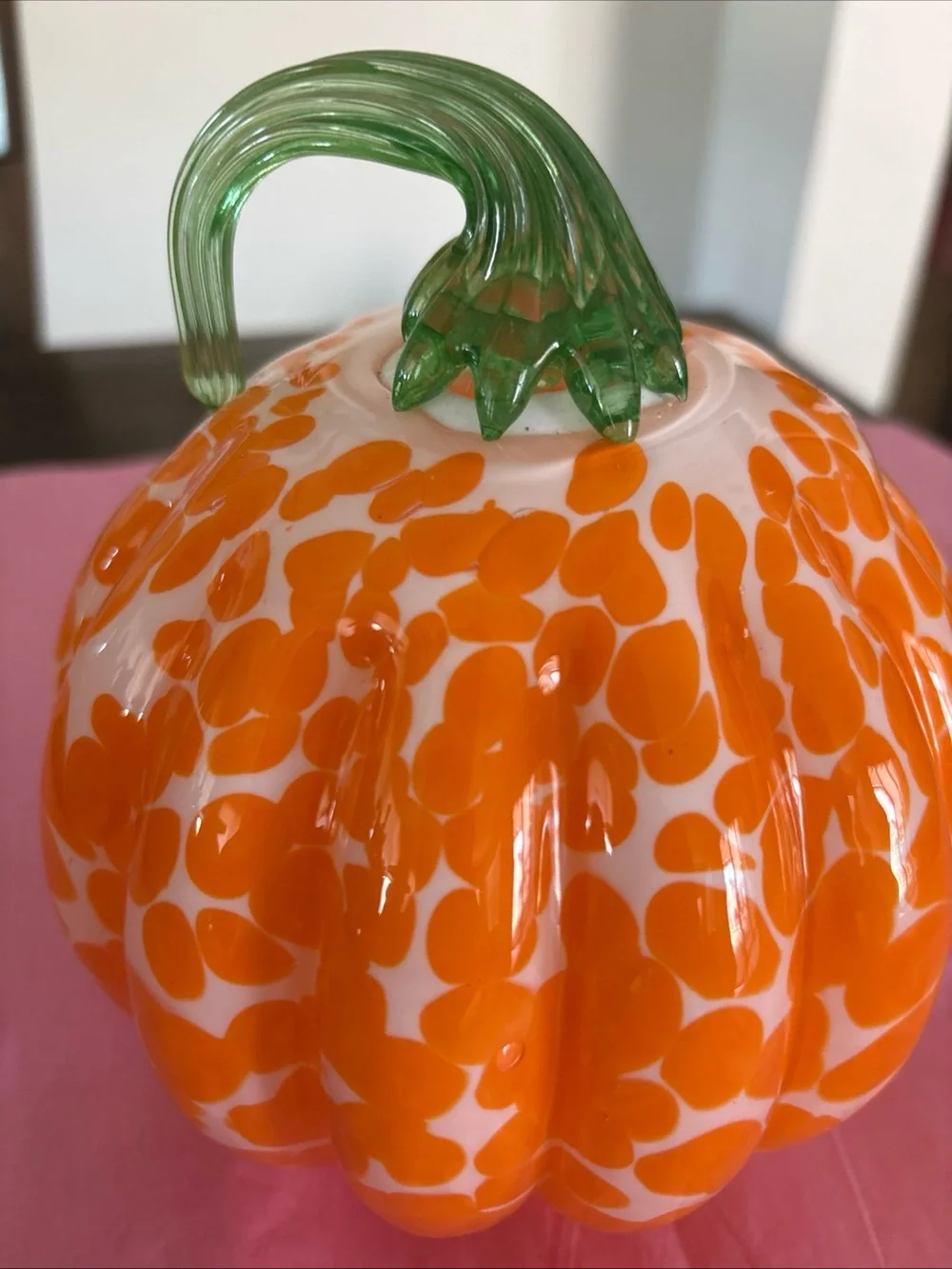 Handblown Glass White With Orange Spots Pumpkin Green Stem